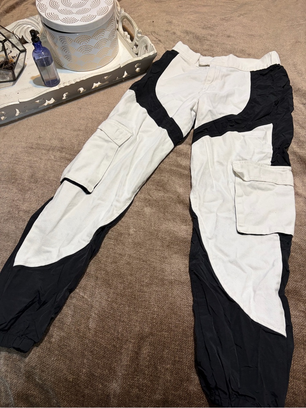 Forever 21 Black and White Cargo Panel Joggers, Size Small
